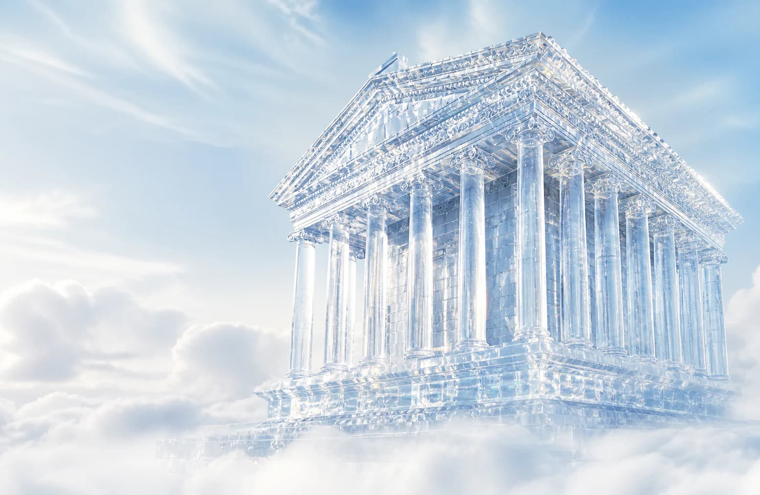 Glass Temple of Garni rising above white clouds