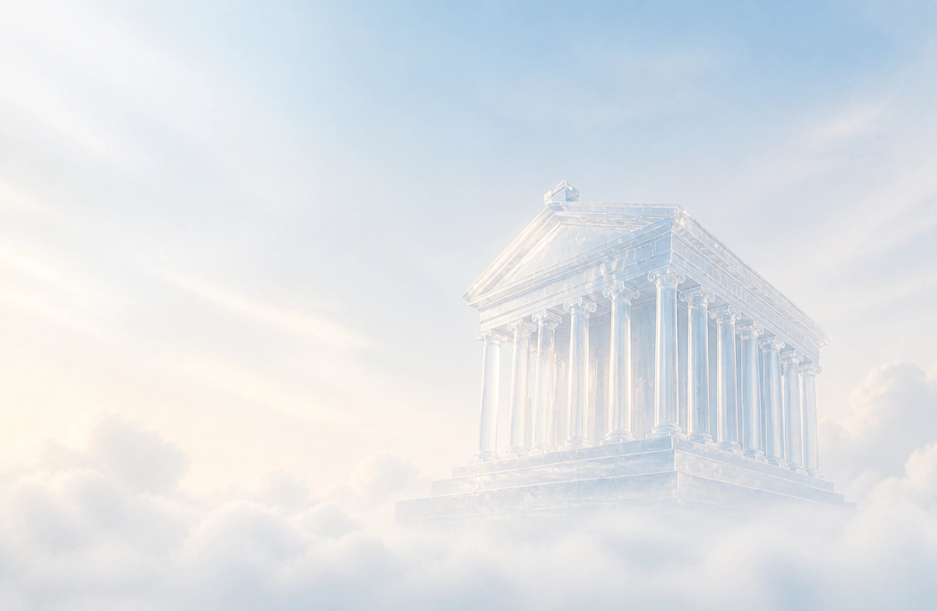 The Temple of Garni reimagined as clear glass in a bright, quiet sky