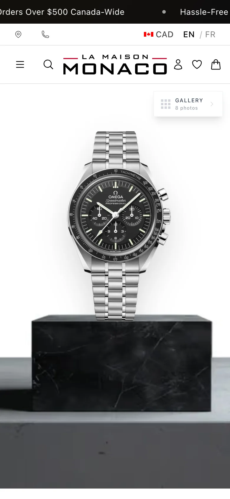 The old La Maison Monaco product page on a phone: a photo of the watch, with no price or button on the first screen