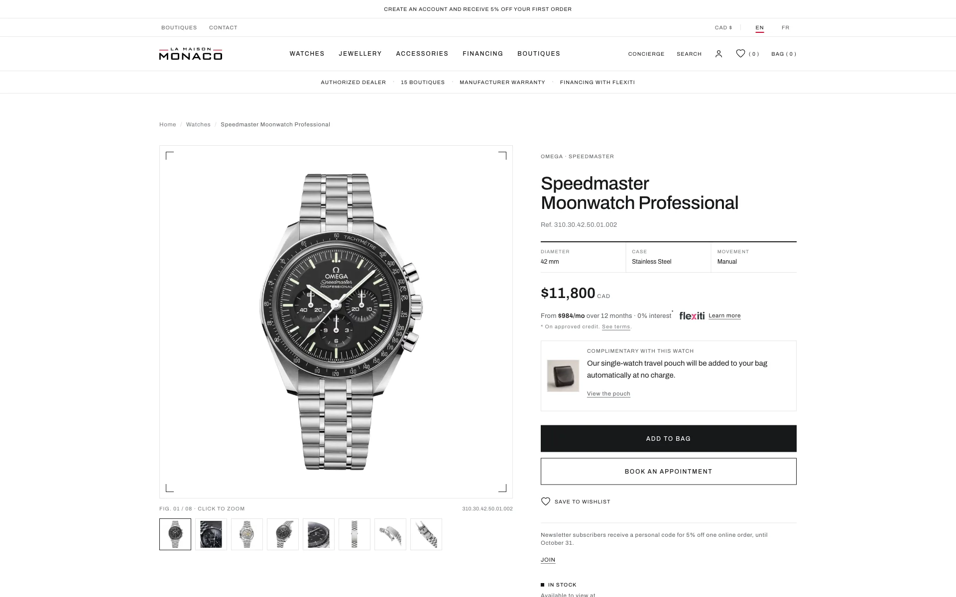 La Maison Monaco product page for the Omega Speedmaster Moonwatch, with price, financing and appointment booking